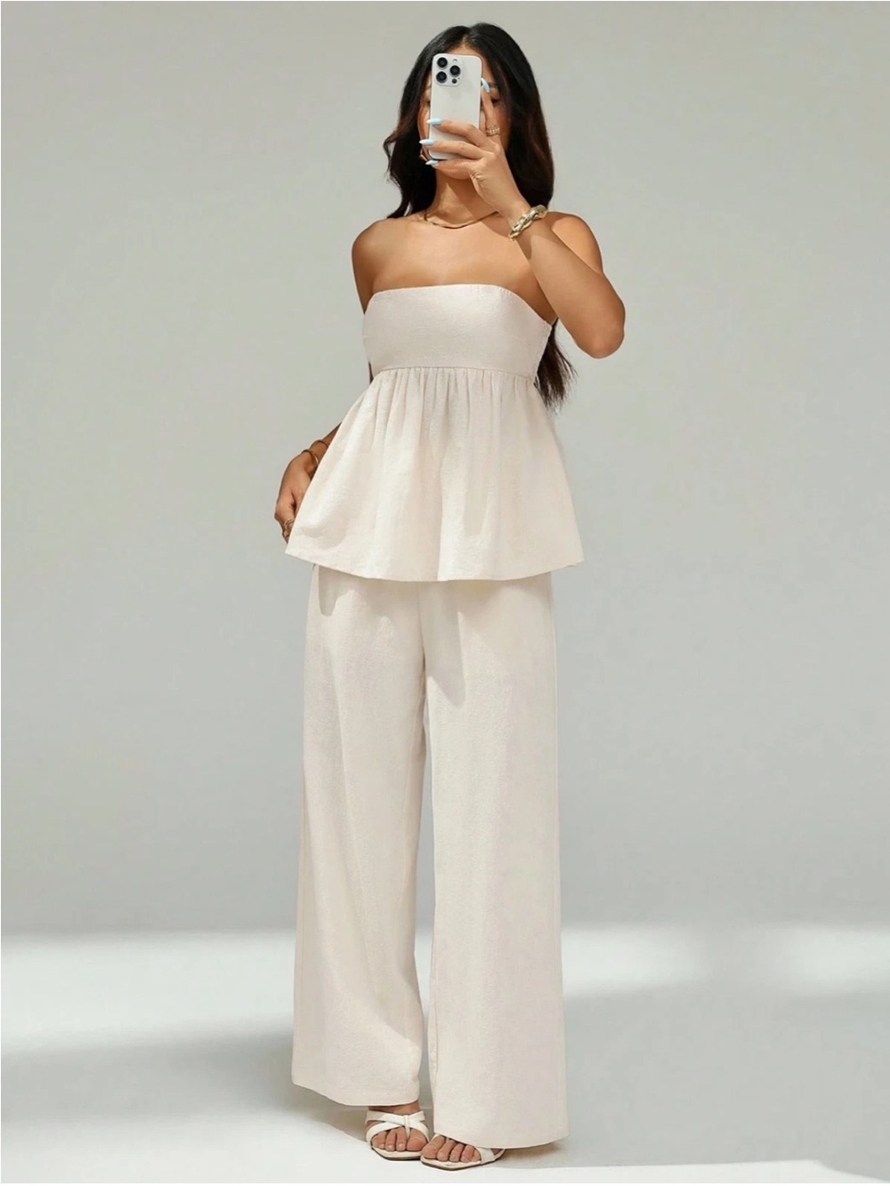 Two-Piece Bandeau Top Long Pants Set Woven Petites Size XS Beige - Picture 8 of 10